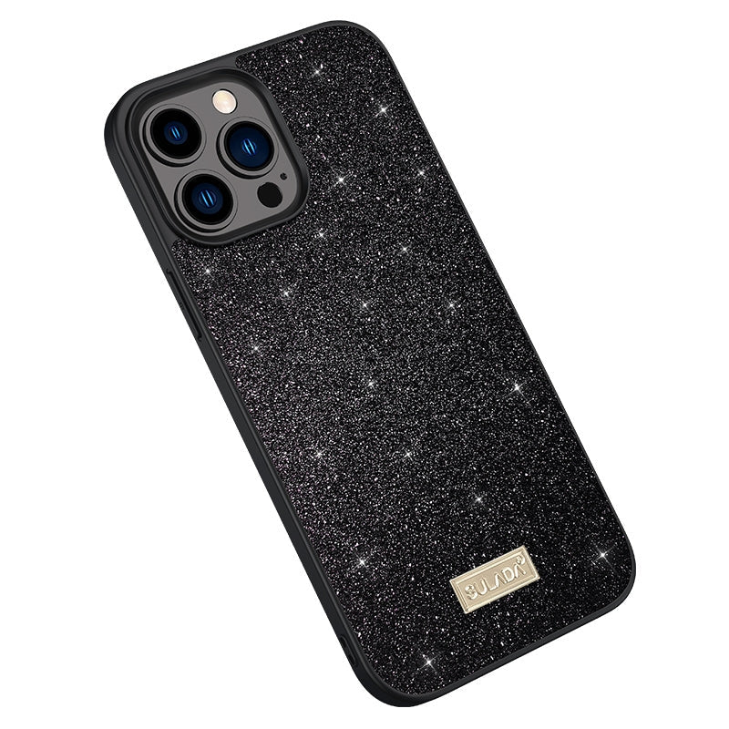 iPhone 16 Pro Max SULADA Glittery PC Hybrid TPU Handmade Leather Phone Case(Black)