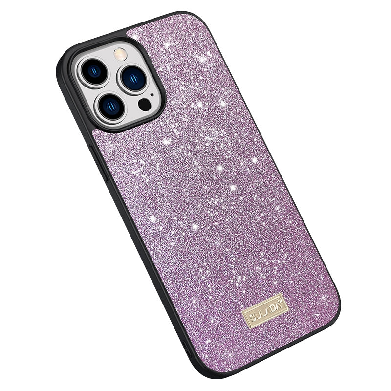 iPhone 15 Pro SULADA Glittery PC Hybrid TPU Handmade Leather Phone Case(Purple)