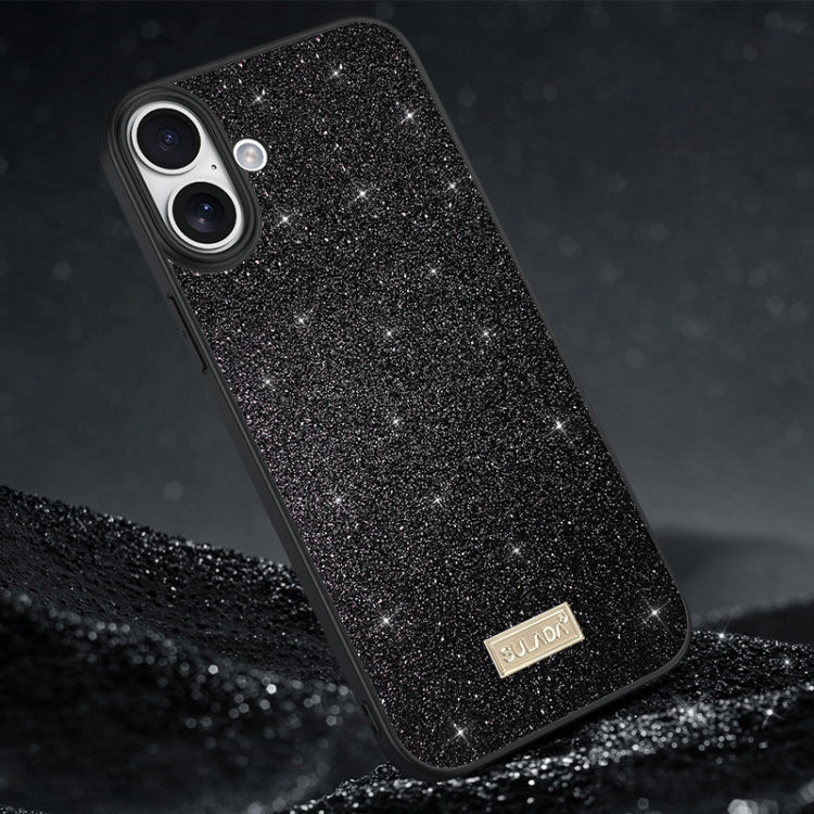 iPhone 16 SULADA Glittery PC Hybrid TPU Handmade Leather Phone Case(Black)
