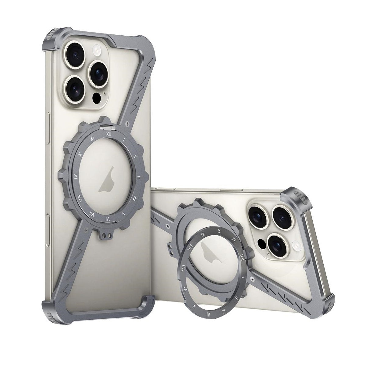 iPhone 16 Pro Max Z-Shape Metal Case Frameless Metal 360 Holder MagSafe Phone Case with Kickstand - Grey