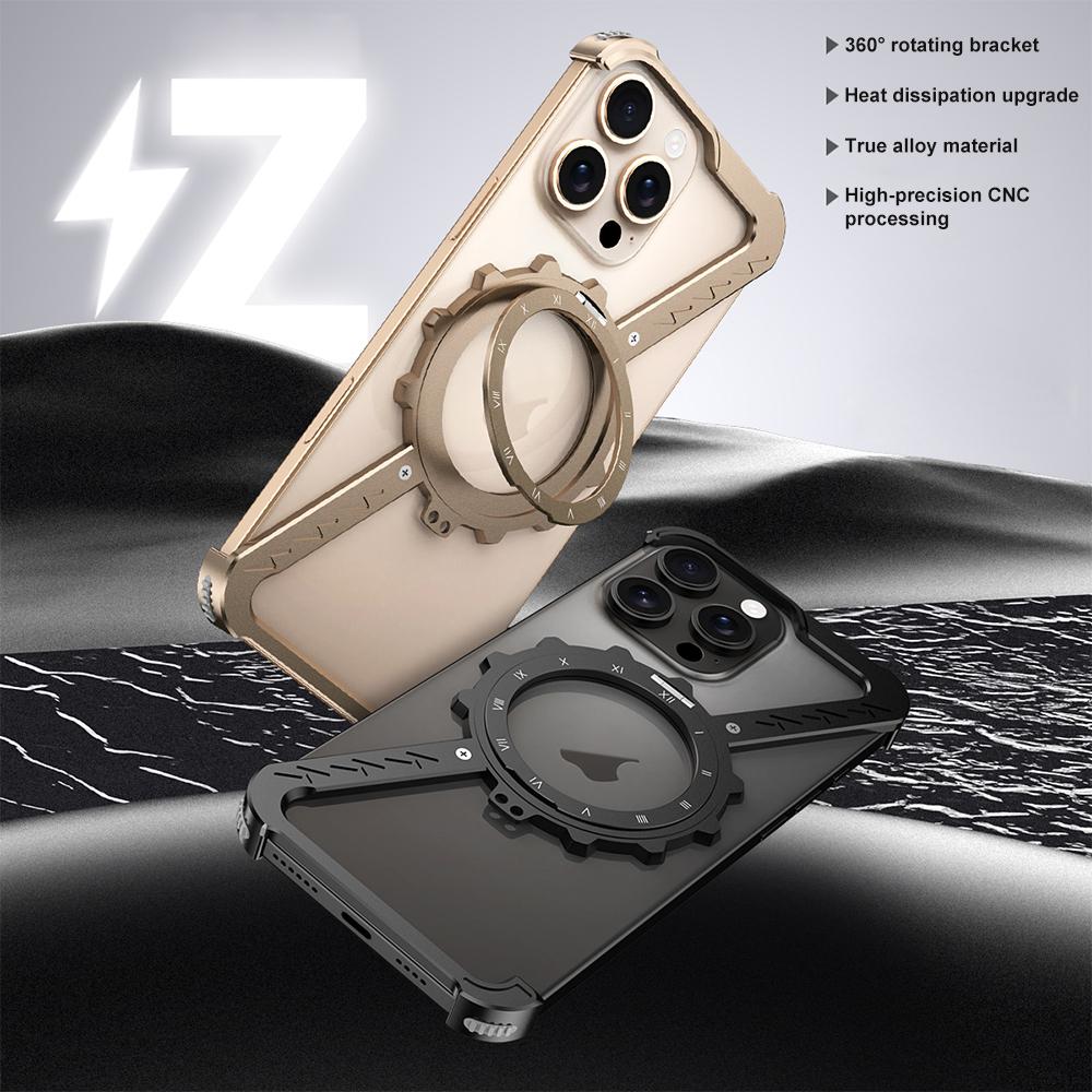 iPhone 16 Pro Max Z-Shape Metal Case Frameless Metal 360 Holder MagSafe Phone Case with Kickstand - Black