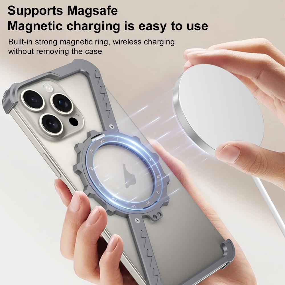 iPhone 16 Pro Max Z-Shape Metal Case Frameless Metal 360 Holder MagSafe Phone Case with Kickstand - Grey