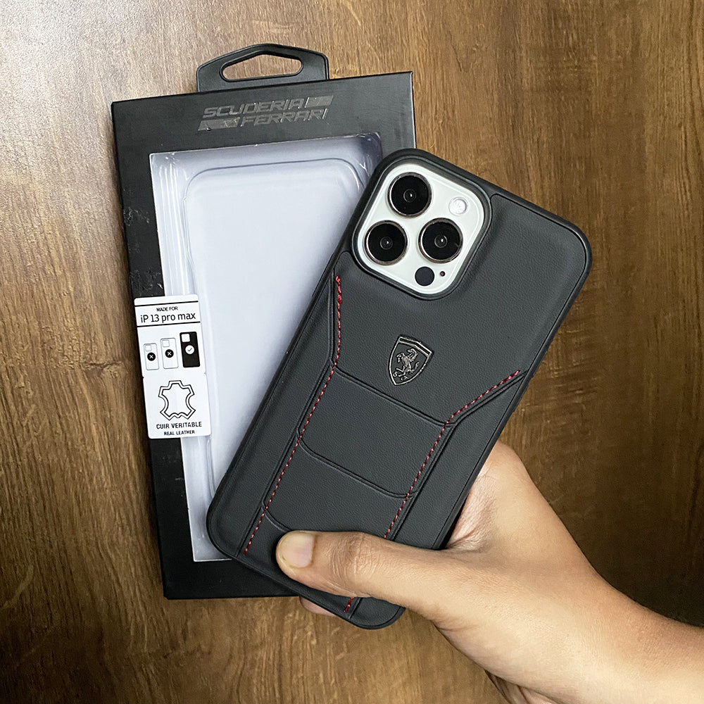 iPhone 15 Pro Max Ferrari Logo Leather Case