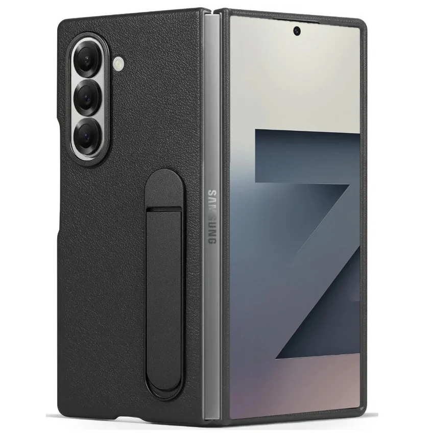 Samsung Galaxy Z Fold6 Leather Case, Kickstand Kindsuit Series Leather Back Cover - Black
