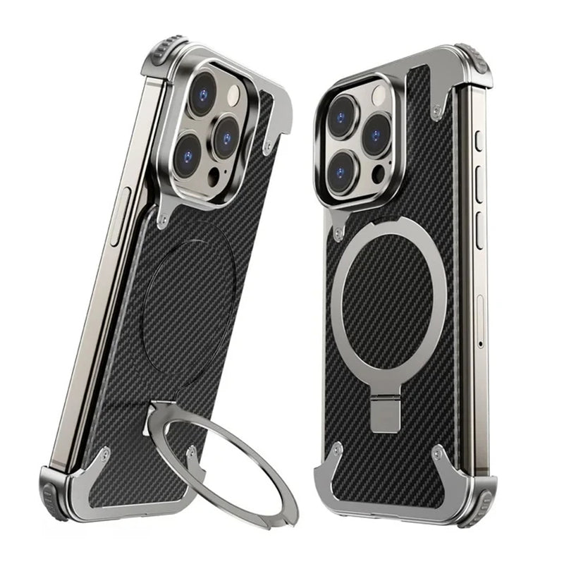 iPhone 15 Pro Max Metal Rimless Carbon Fibre Magnetic Impact Resistance Casing with Stand - Titanium
