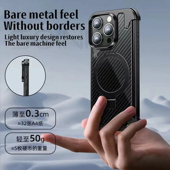 iPhone 15 Pro Metal Rimless Carbon Fibre Magnetic Impact Resistance Casing with Stand - Titanium
