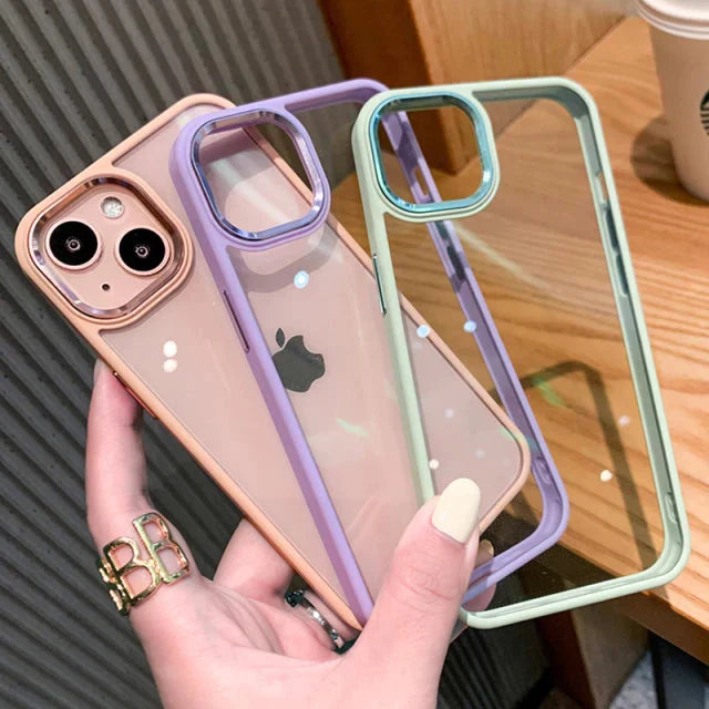 iPhone 13 Soft Hybrid Transparent Metal Camera Protection Case - Pink