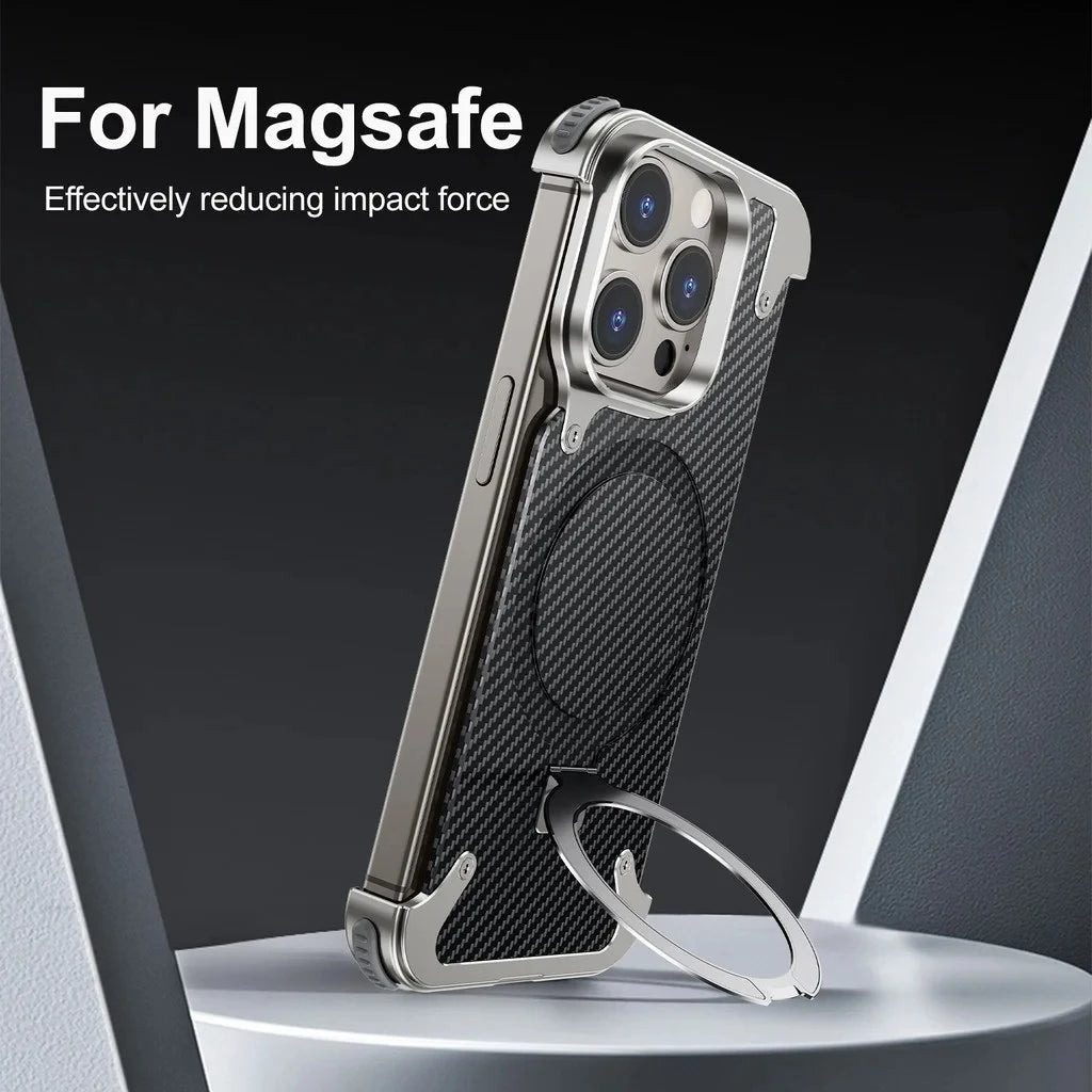 iPhone 15 Pro Max Metal Rimless Carbon Fibre Magnetic Impact Resistance Casing with Stand - Black