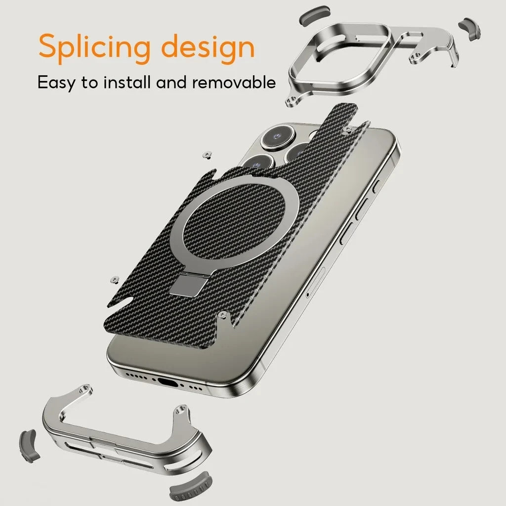 iPhone 15 Pro Metal Rimless Carbon Fibre Magnetic Impact Resistance Casing with Stand - Titanium