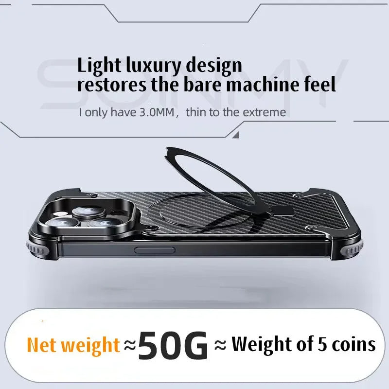 iPhone 15 Pro Metal Rimless Carbon Fibre Magnetic Impact Resistance Casing with Stand - Titanium