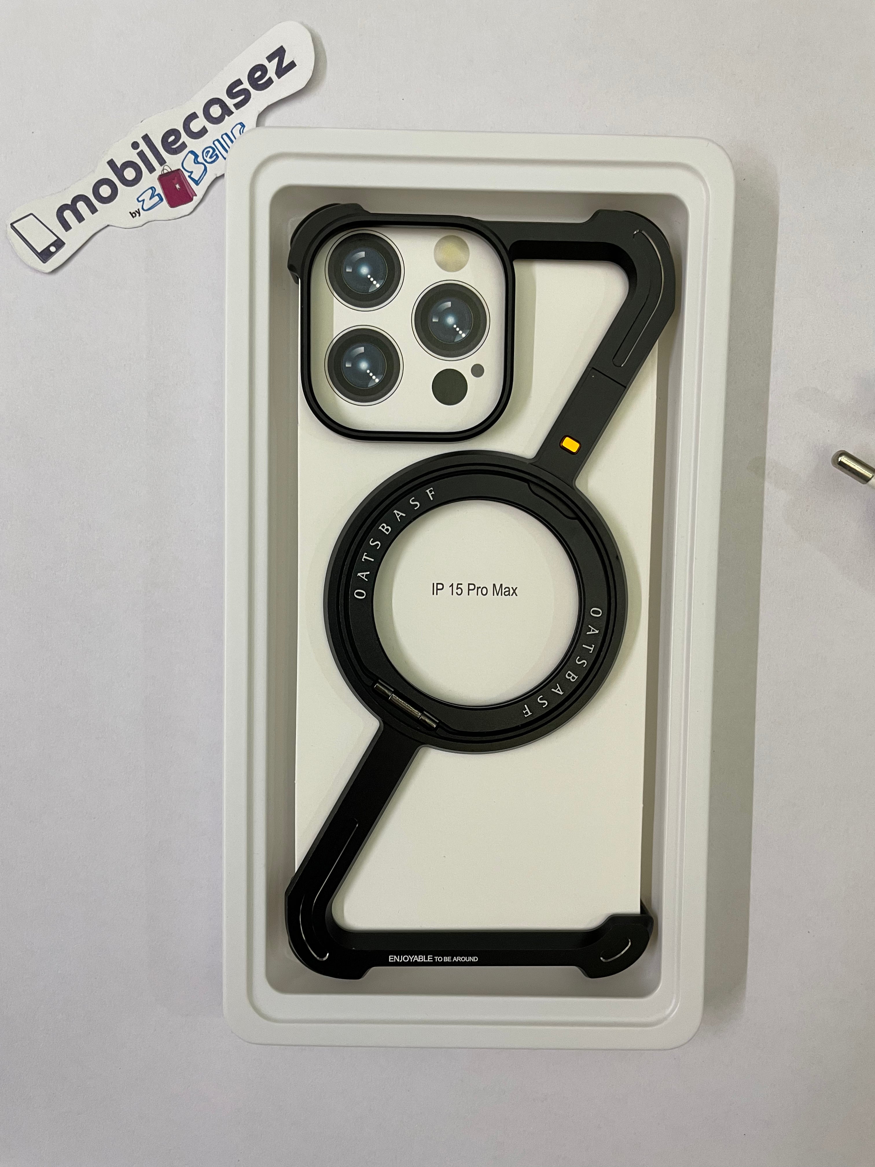 OATSBASF for iPhone 15 Pro Case, Sleek Minimalist Protective Shock Absorption Aerospace Grade Aluminum Shells with Built-in Kickstand Phone Case (K-Natural Black, for iPhone 15 Pro)