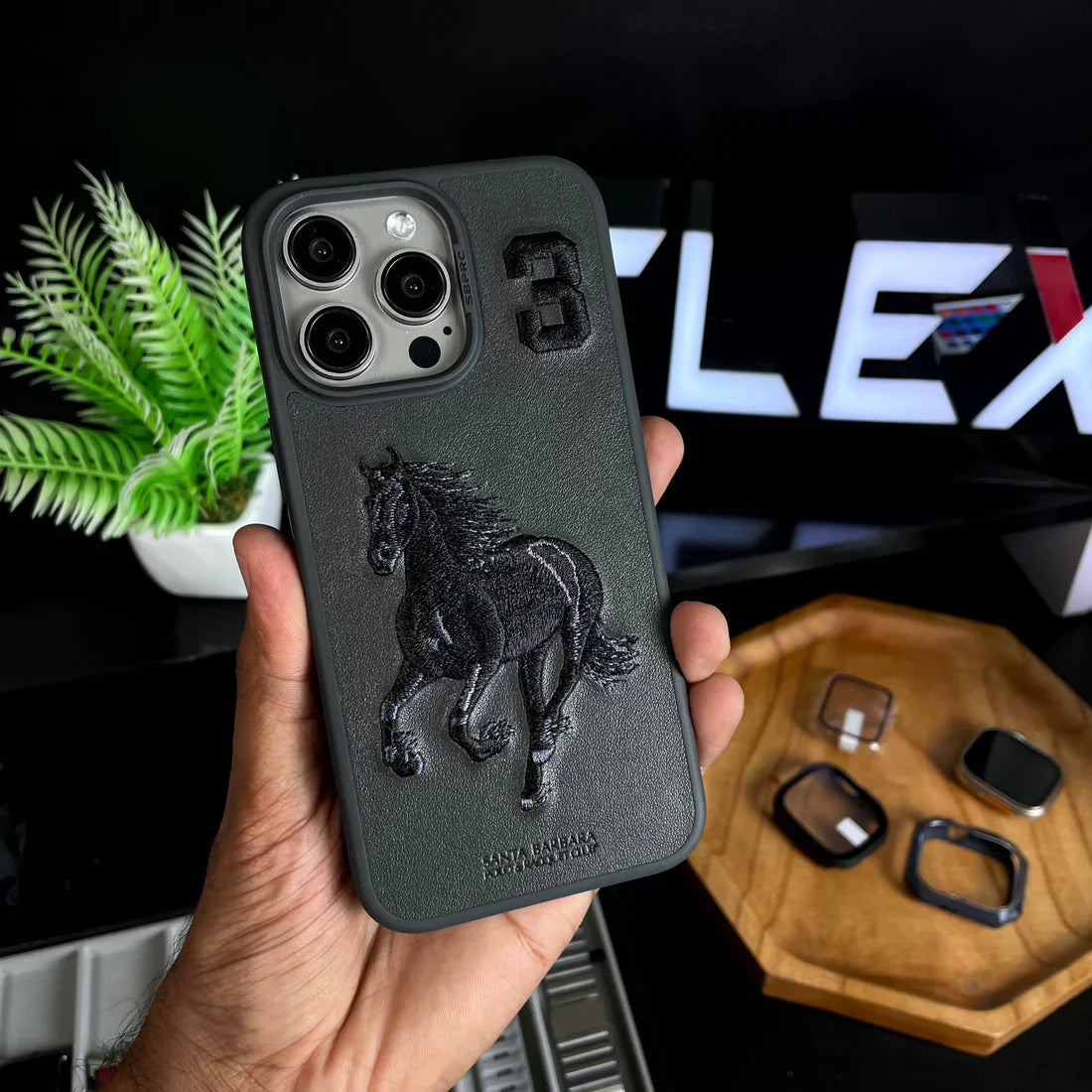 iPhone 15 Pro Max Santa Barbara Boris Horse Leather Case - Gray