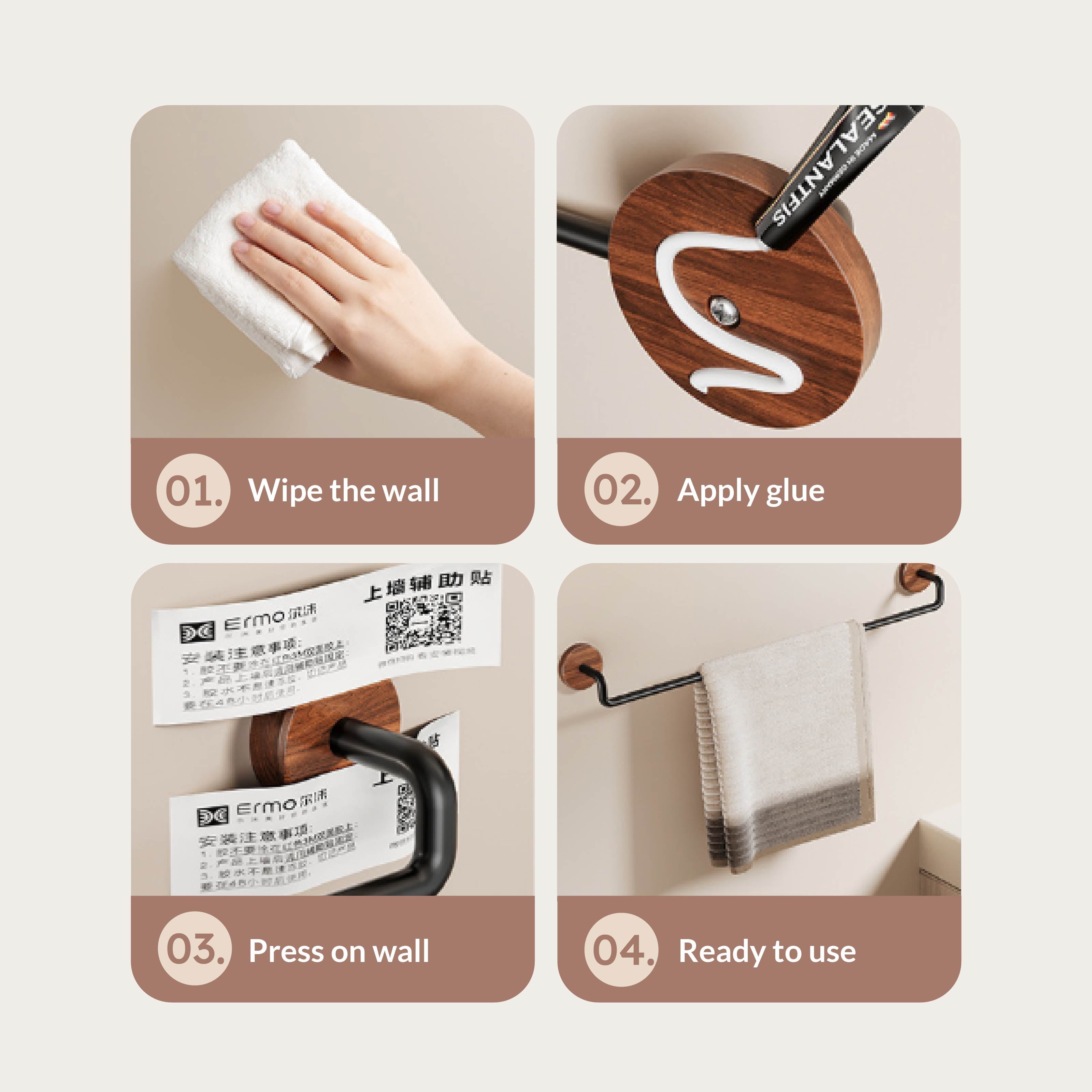 Premium Punch-Free Bathroom Towel Rack with Walnut Finish