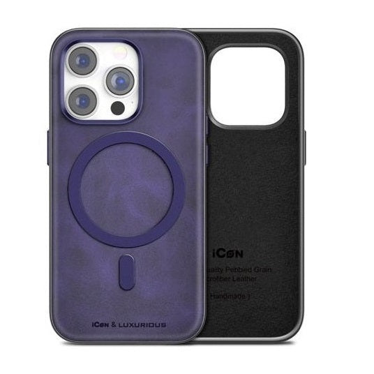 iPhone 14 Pro Max Icon Leather Case with Metal MagSafe Ring - Purple