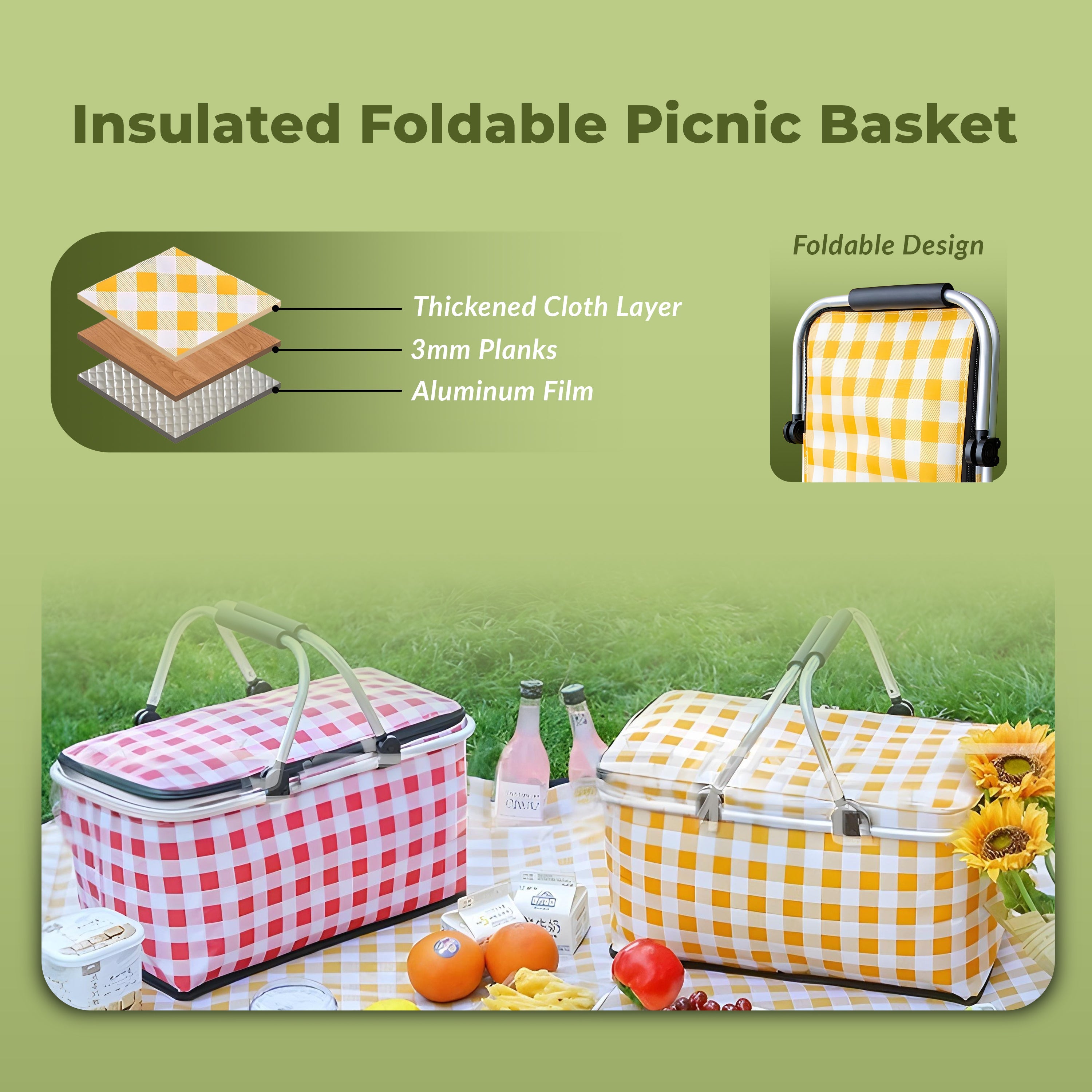 Casecart Multi-Purpose Insulated Foldable Picnic Basket with Aluminum Frame