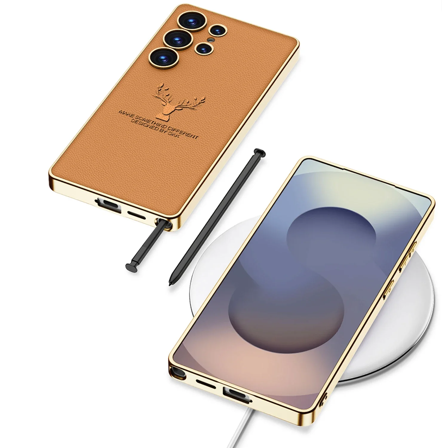 Samsung Galaxy S25 Ultra Deer Leather Case, Premium Designer Case Regal Stag Deer Electroplated Leather Case - Orange