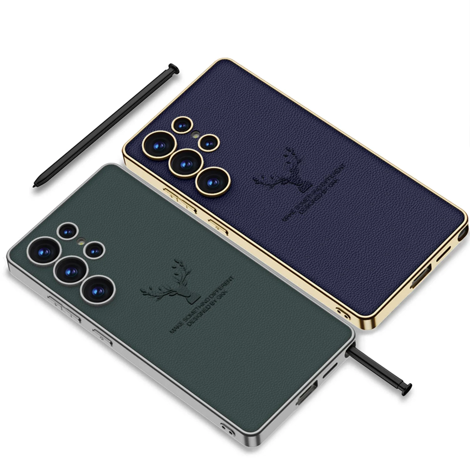 Samsung Galaxy S25 Ultra Deer Leather Case, Premium Designer Case Regal Stag Deer Electroplated Leather Case - Black