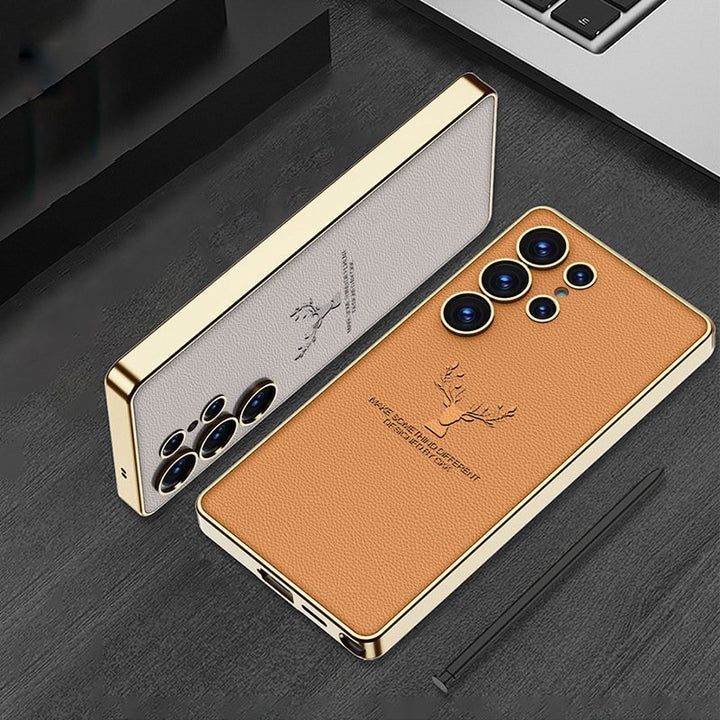 Samsung Galaxy S25 Ultra Deer Leather Case, Premium Designer Case Regal Stag Deer Electroplated Leather Case - Black