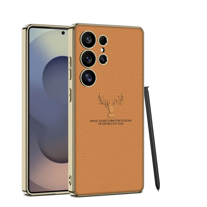 Samsung Galaxy S25 Ultra Deer Leather Case, Premium Designer Case Regal Stag Deer Electroplated Leather Case - Orange