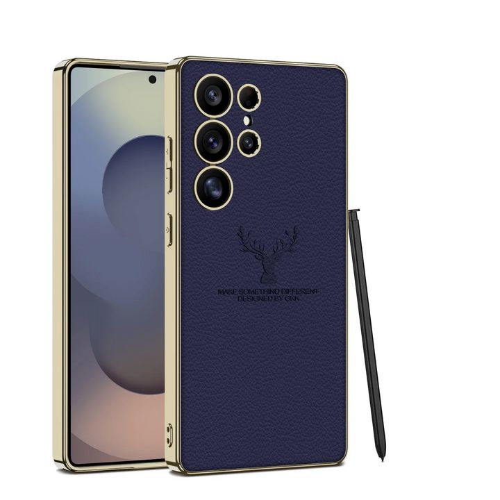 Samsung Galaxy S25 Ultra Deer Leather Case, Premium Designer Case Regal Stag Deer Electroplated Leather Case - Purple