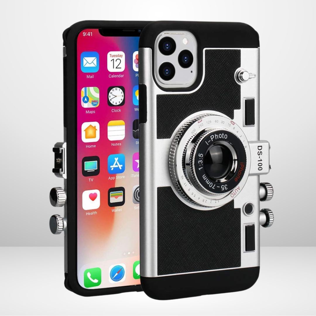 Silicone Vintage Camera Case with Removable Neck Strap Lanyard for iPhone 15/16 series in Black, image 3 – CaseCart