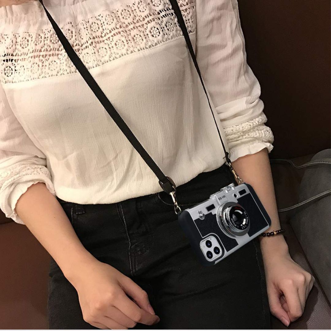 Silicone Vintage Camera Case with Removable Neck Strap Lanyard for iPhone 13/14 series
