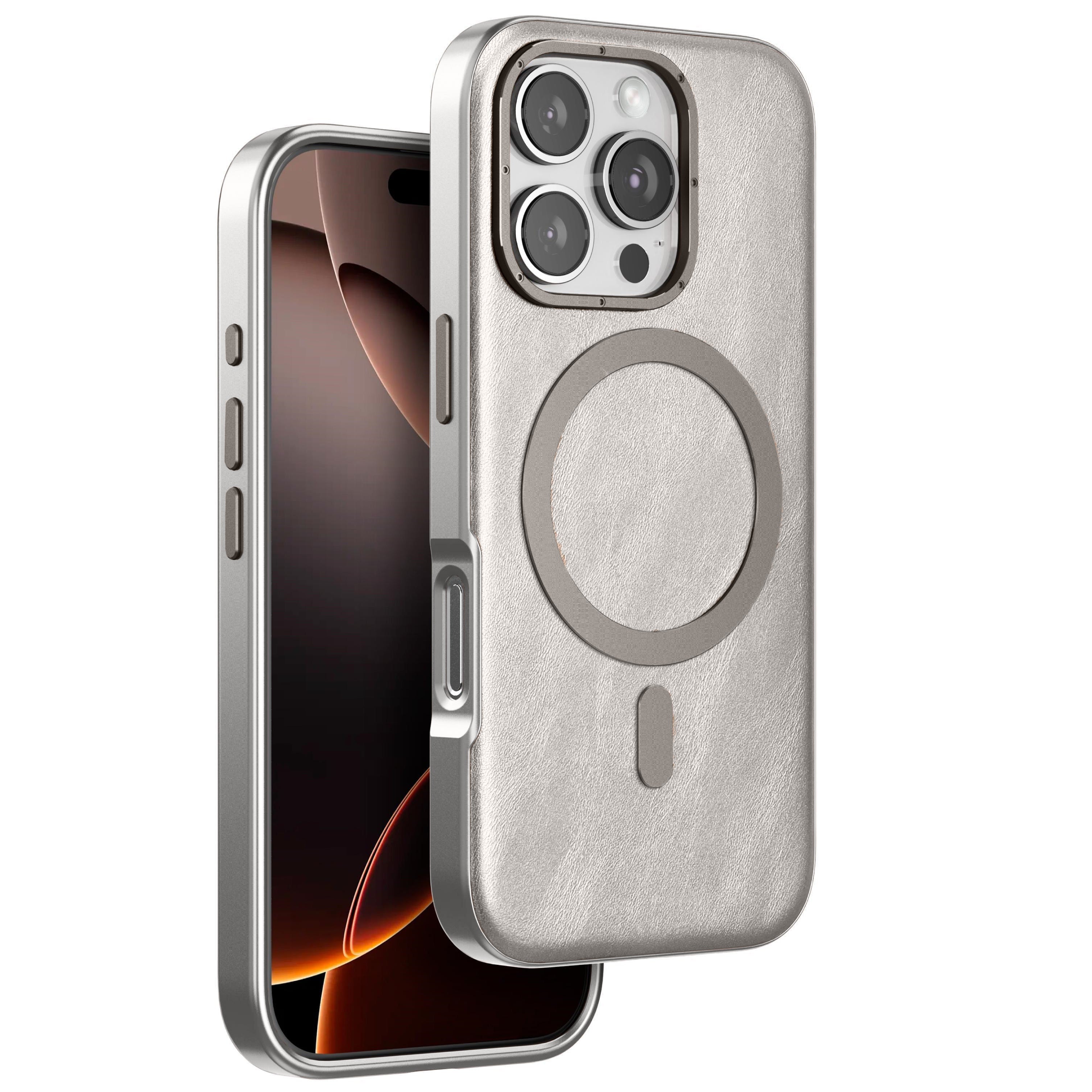 iPhone 16 Pro Max Classic Business Series Leather Case with Metal Magsafe Ring - Titanium