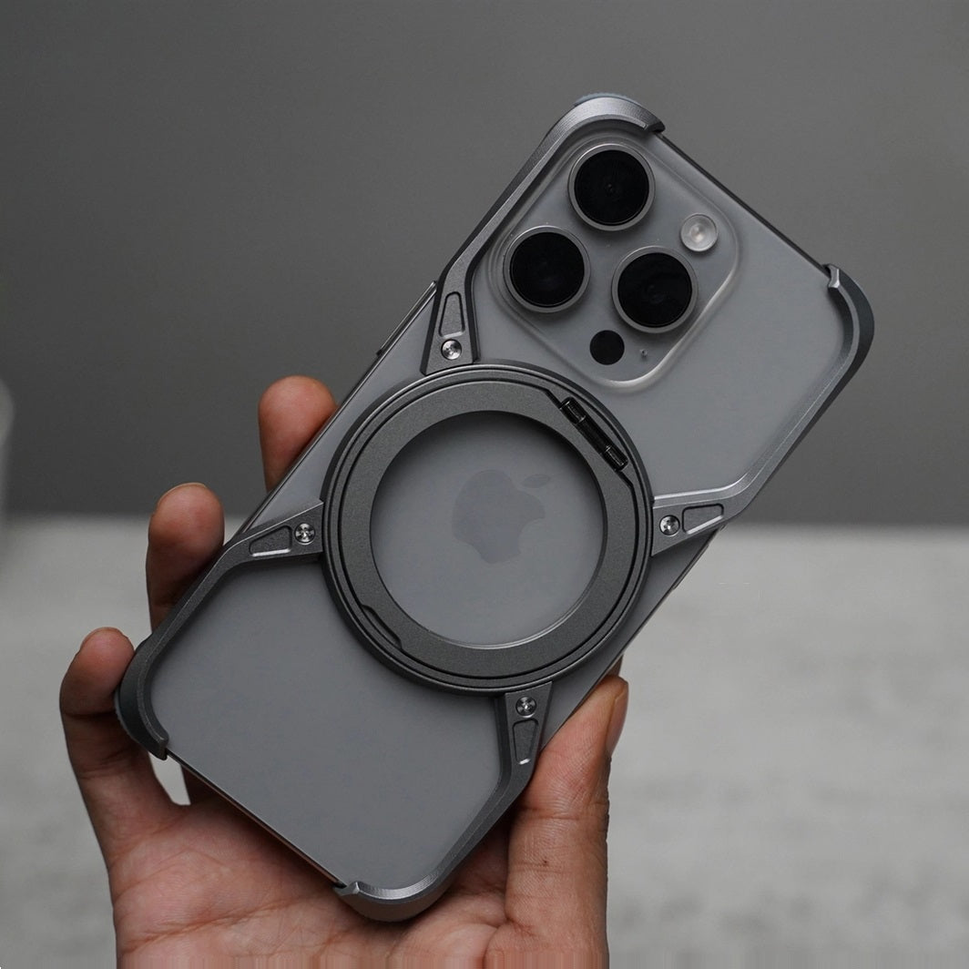 iPhone 16 Pro Metal Alloy X Shape Bumper Case with Magsafe & Rotating Stand  - Gray