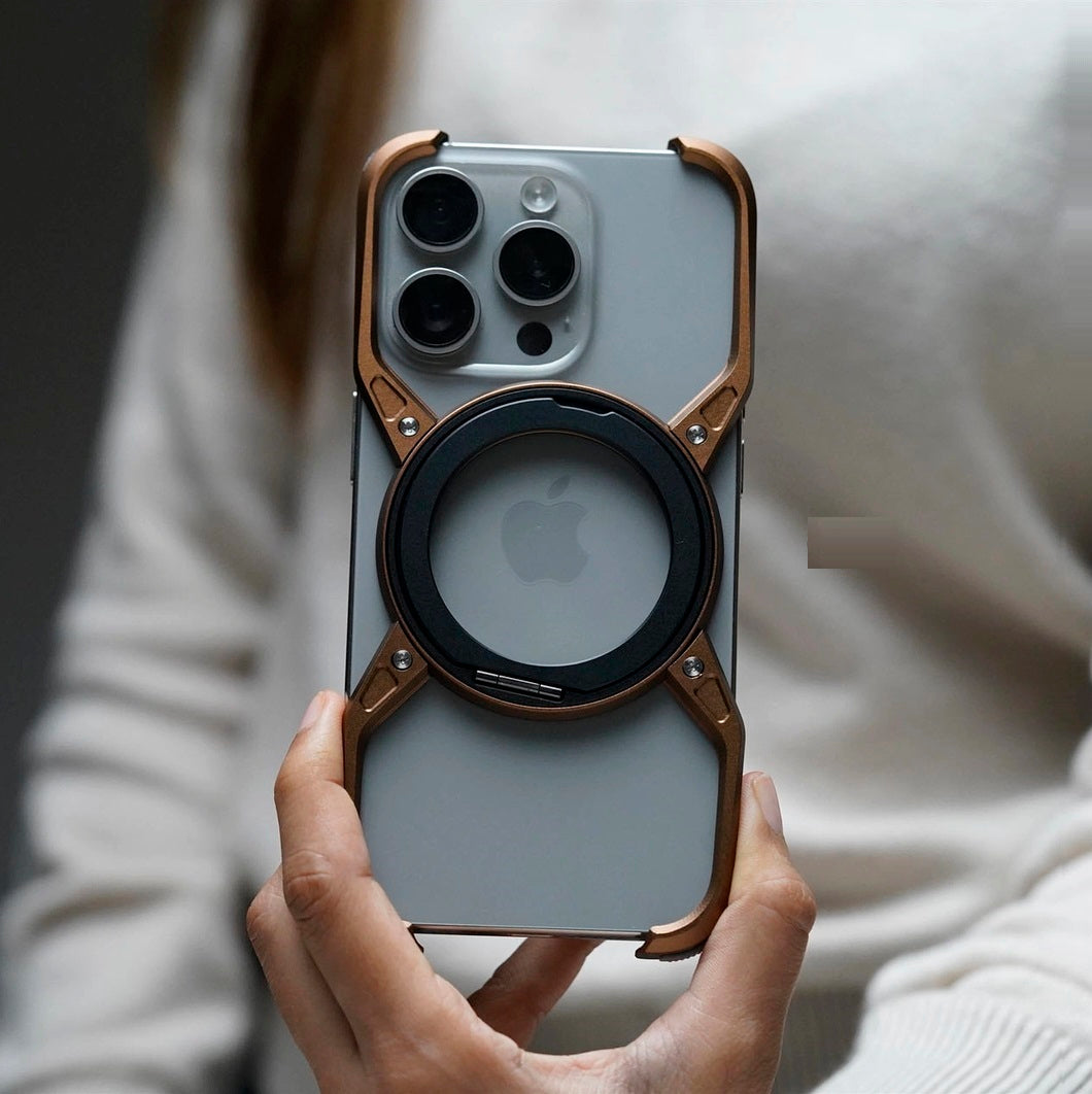 iPhone 16 Pro Metal Alloy X Shape Bumper Case with Magsafe & Rotating Stand - Desert