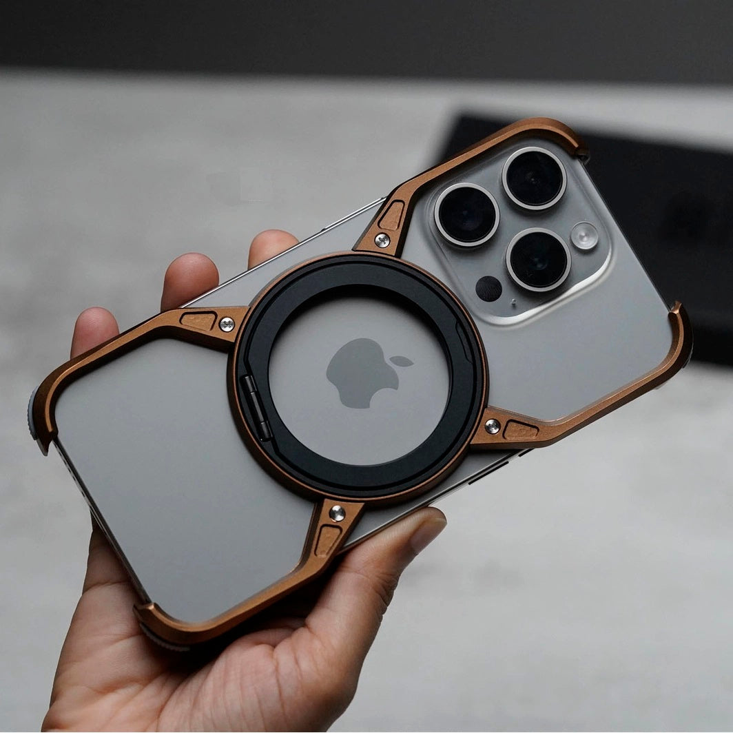 iPhone 16 Pro Metal Alloy X Shape Bumper Case with Magsafe & Rotating Stand - Desert