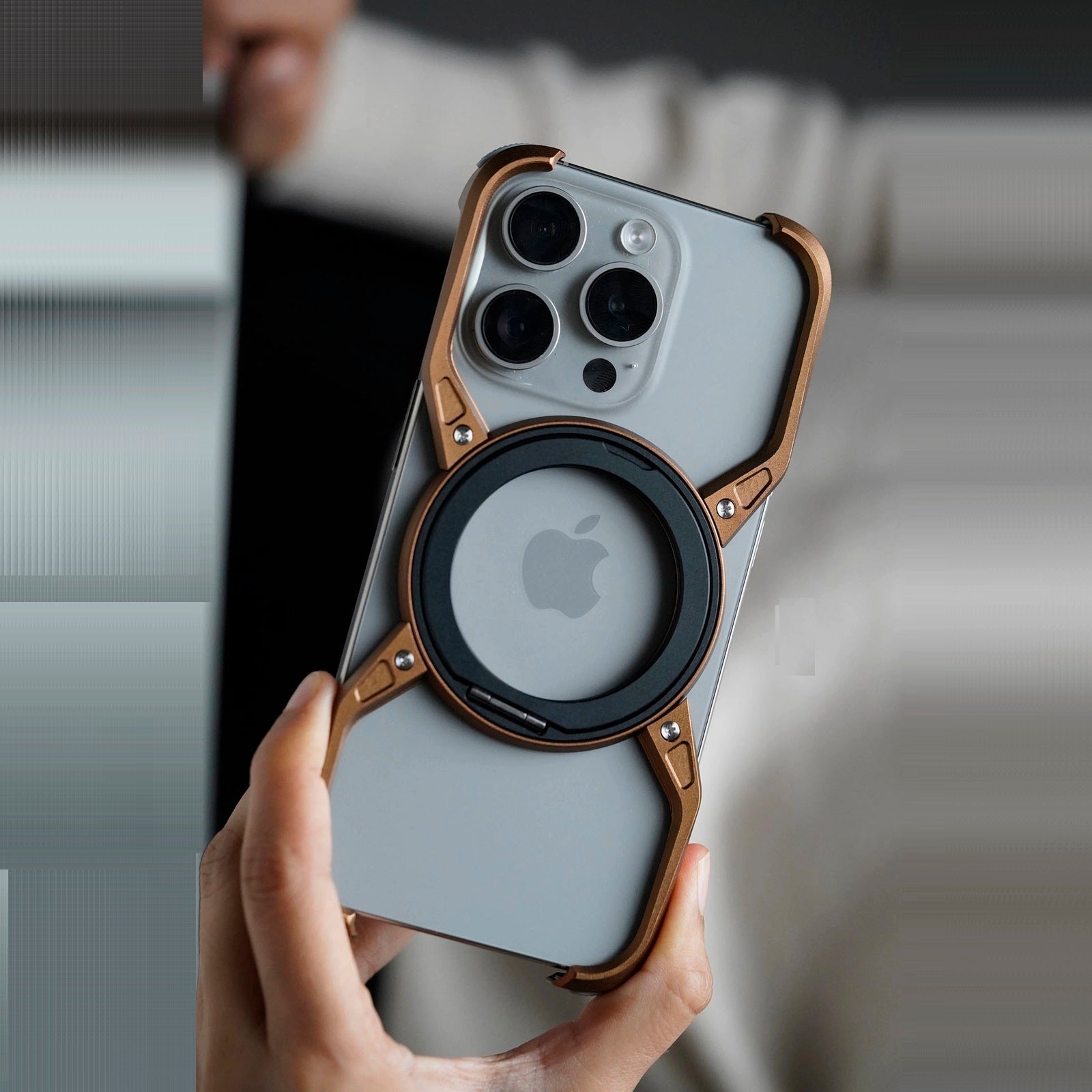 iPhone 16 Pro Metal Alloy X Shape Bumper Case with Magsafe & Rotating Stand - Desert