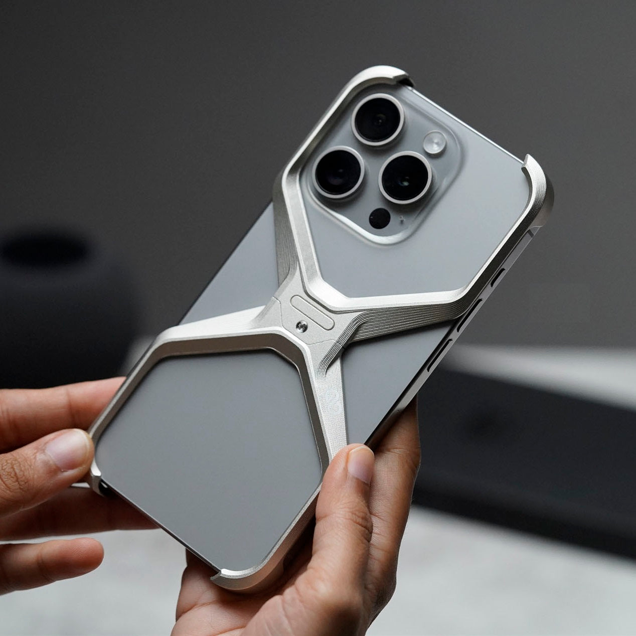 iPhone 16 Pro Max Metal Alloy X Shape Bumper Case - Titanium