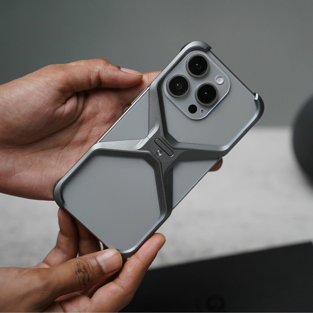 iPhone 16 Super Slim Premium Metal Luxury Aluminum Frameless X Shaped Case - Grey