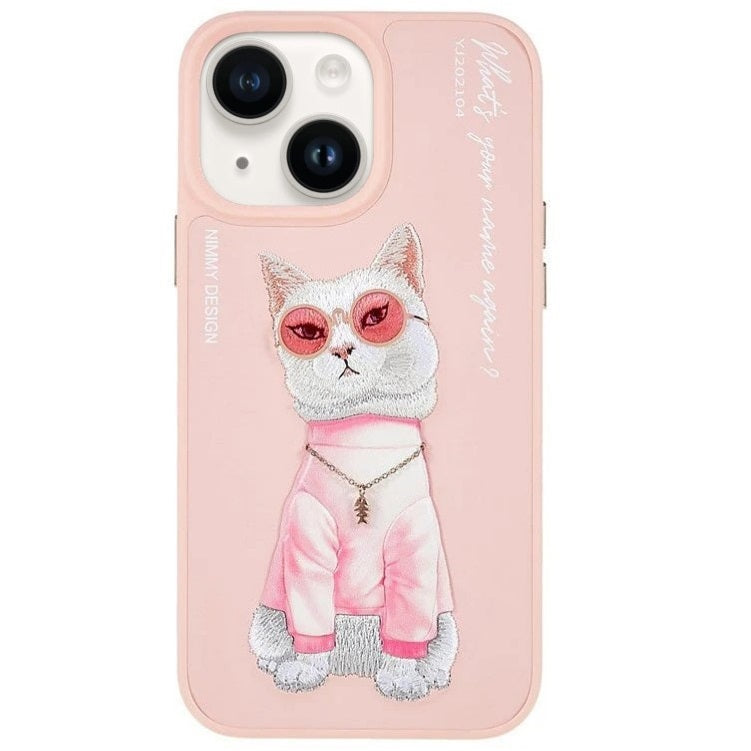 iPhone 15 Plus Nimmy Embroidery Leather Shockproof Case - Pink Cat