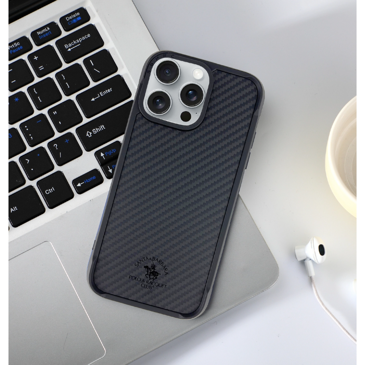 iPhone 16 Pro Max Santa Barbara Polo Racquet Club Carbon Fibre ELVIS Series Leather Magsafe Case - Black