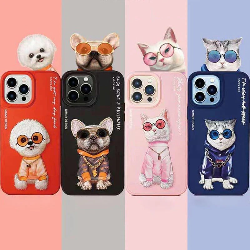 iPhone 15 Plus Nimmy Embroidery Leather Shockproof Case - Pink Cat