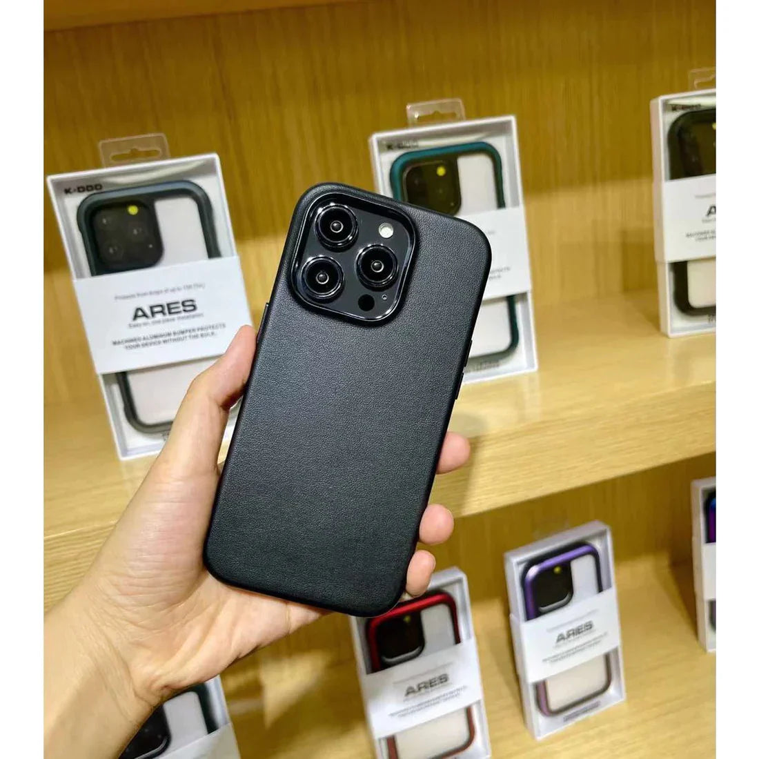 iPhone 15 Pro Leather Case Kdoo Classic Series Genuine Leather Case - Black