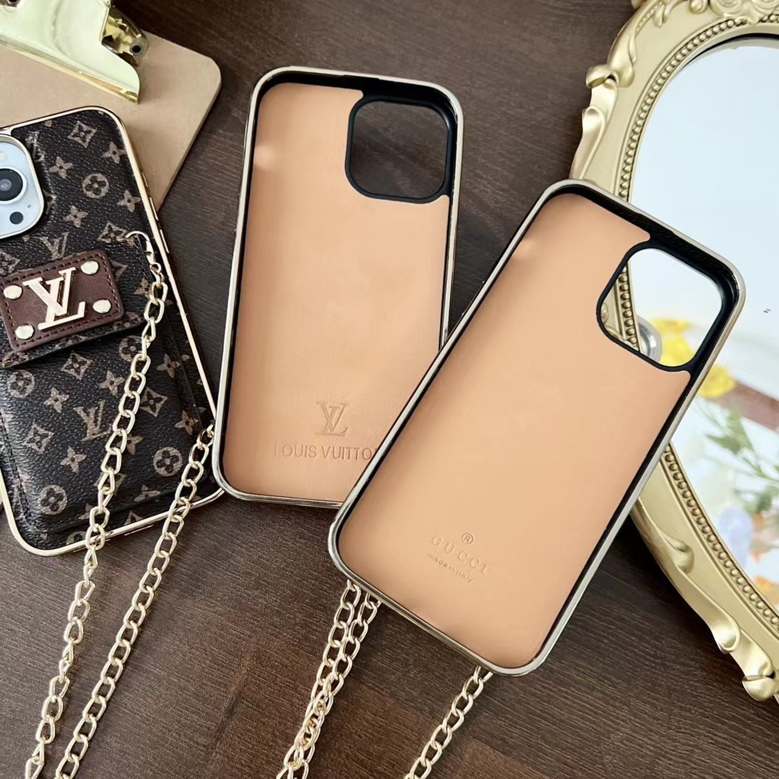 iPhone 16 Pro Max Louis Vuitton LV Leather Case with Gold Plated Chain & Pocket - Brown