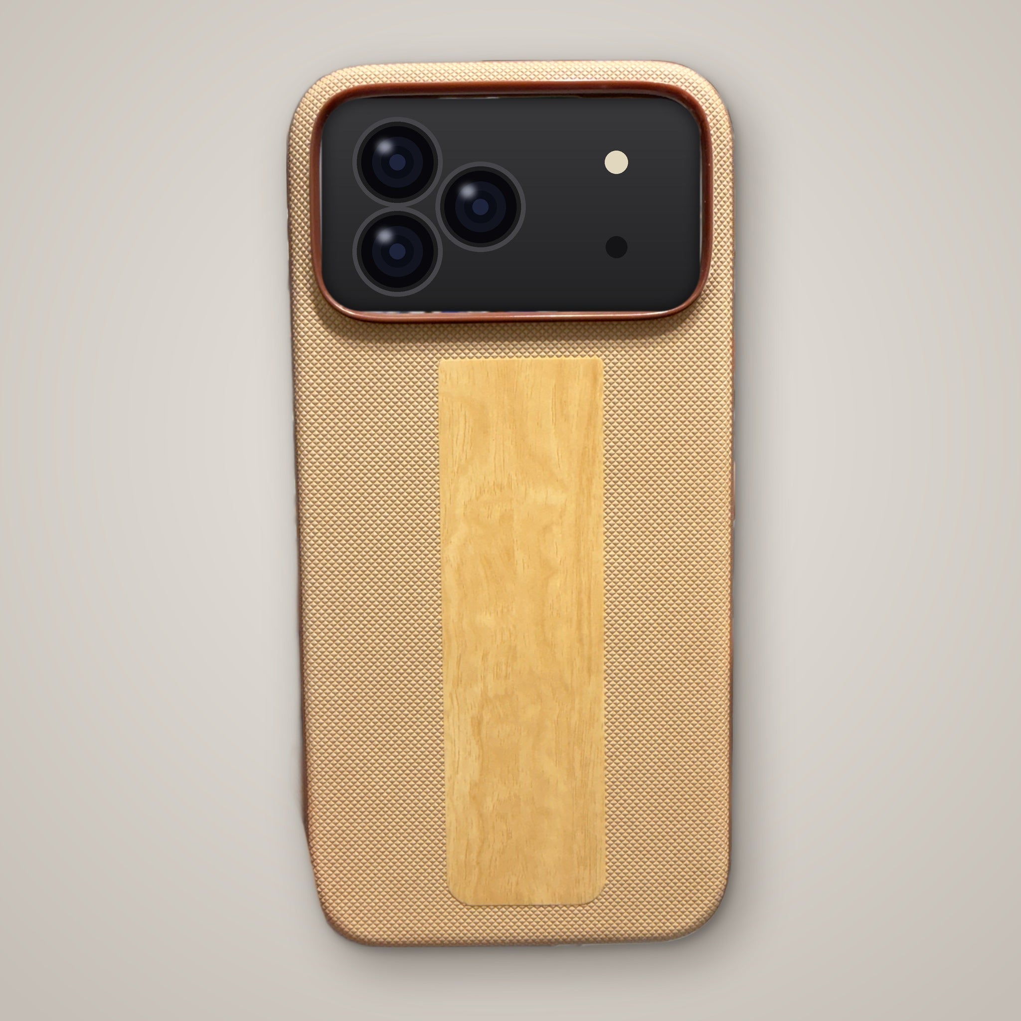 Beige wood panel textured MagSafe case on iPhone, back view
