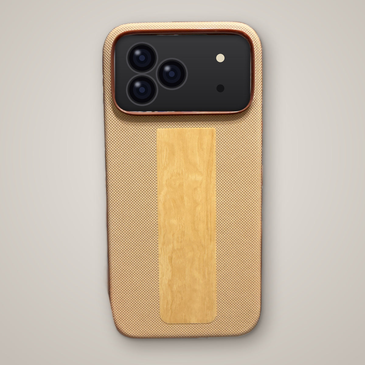 Beige wood panel textured MagSafe case on iPhone, back view