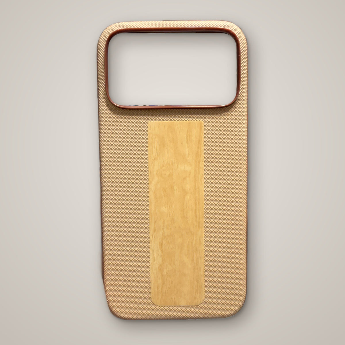 Beige diamond-textured MagSafe case with wood-grain finish panel