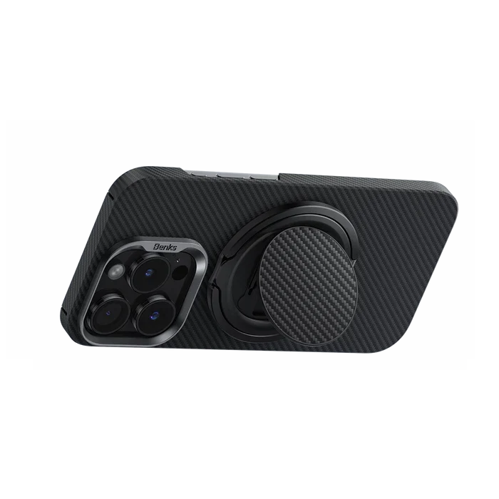 Benks ArmorPop Aramid Fibre Magnetic Phone Grip & Stand, Black 600D on iPhone in landscape