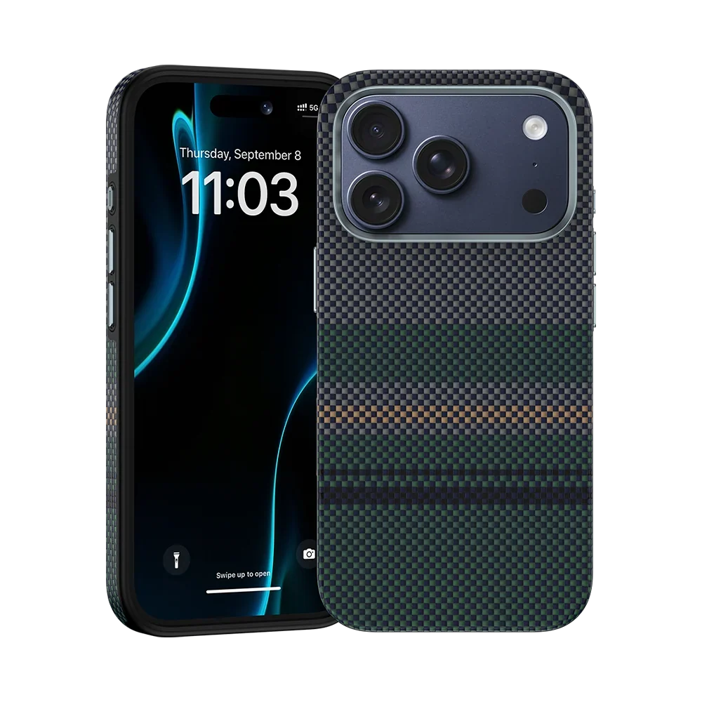Benks Aurora ArmorPro Kevlar® Case, on iPhone, front and back (alternate finish)