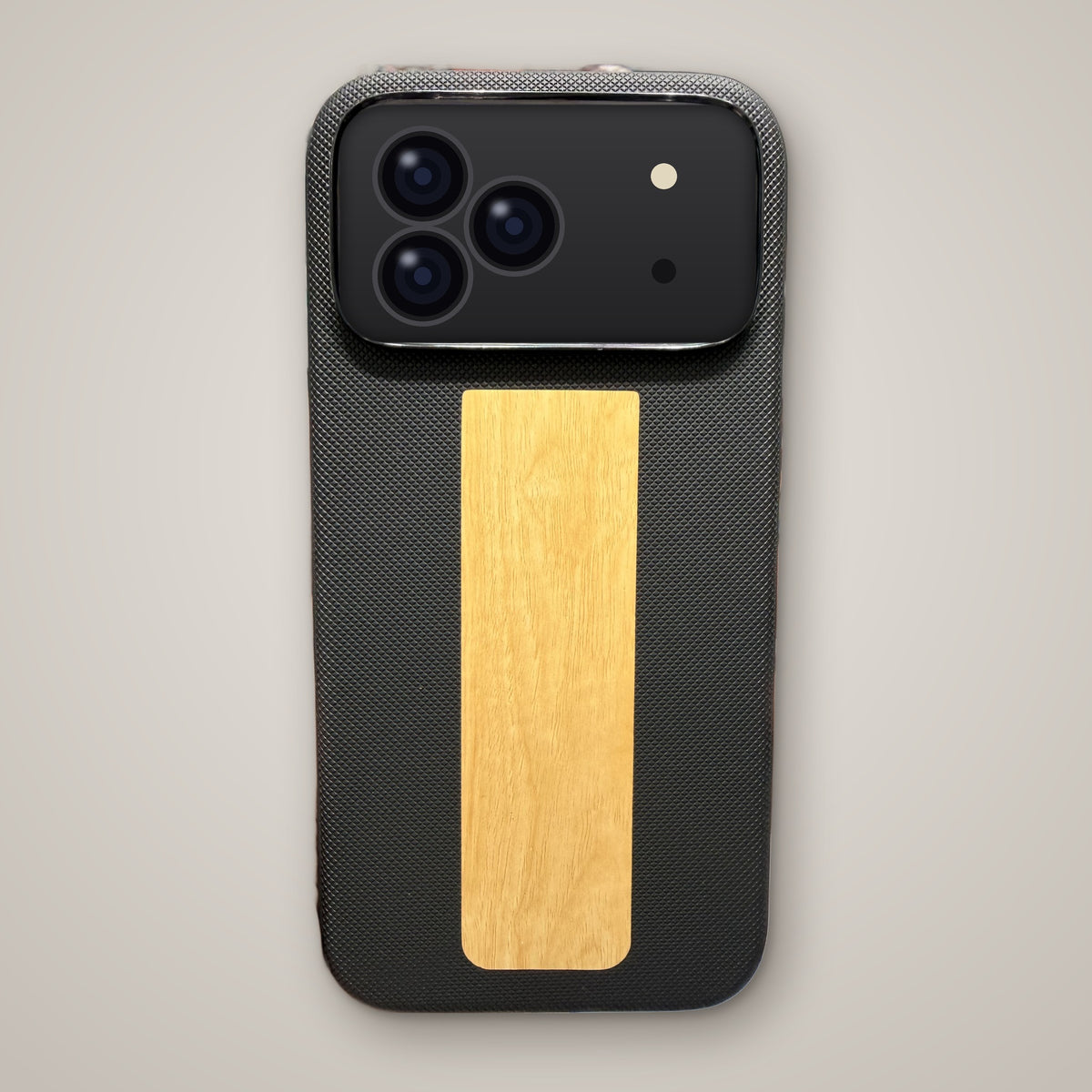 Black wood panel textured MagSafe case on iPhone, back view