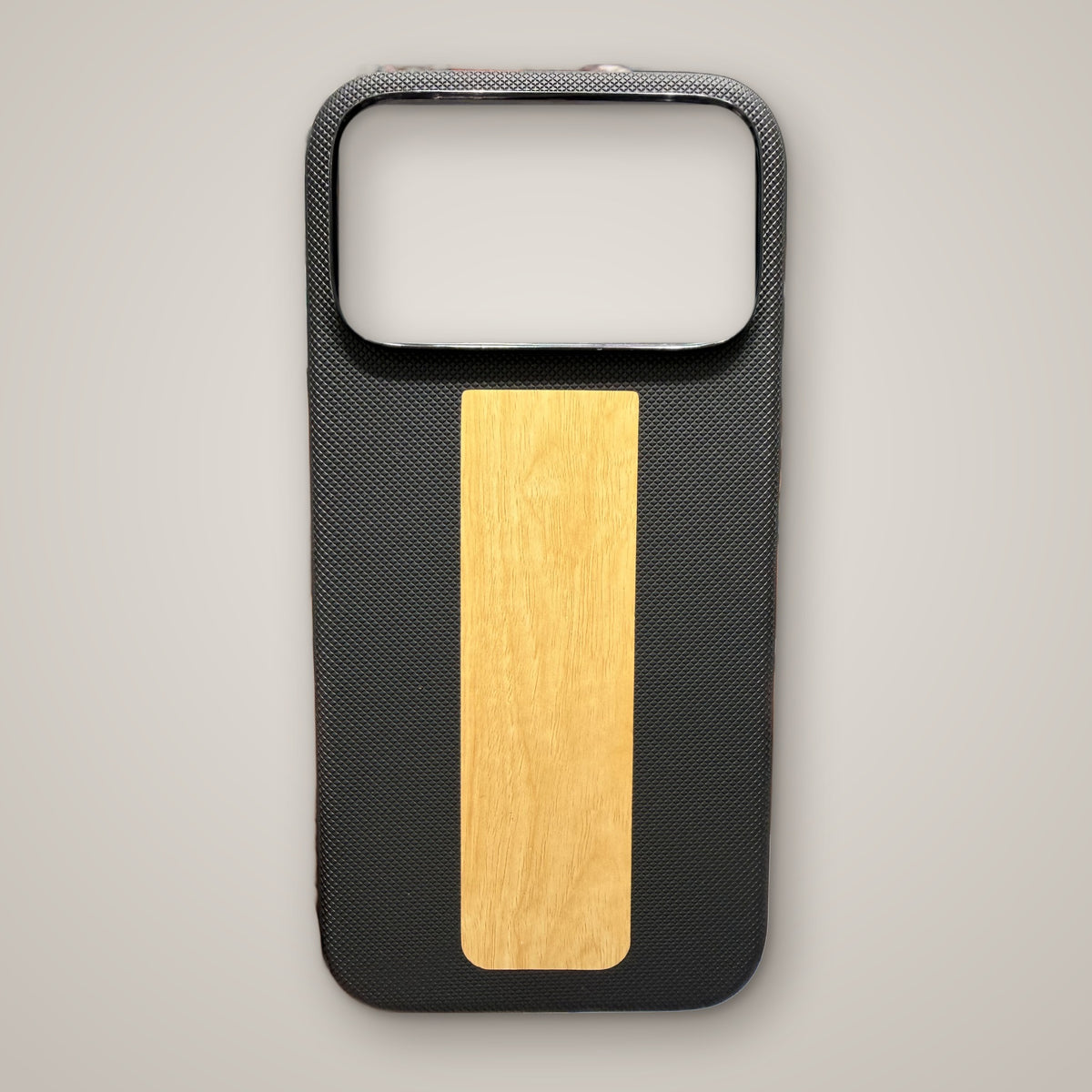 Black diamond-textured MagSafe case with wood-grain finish panel