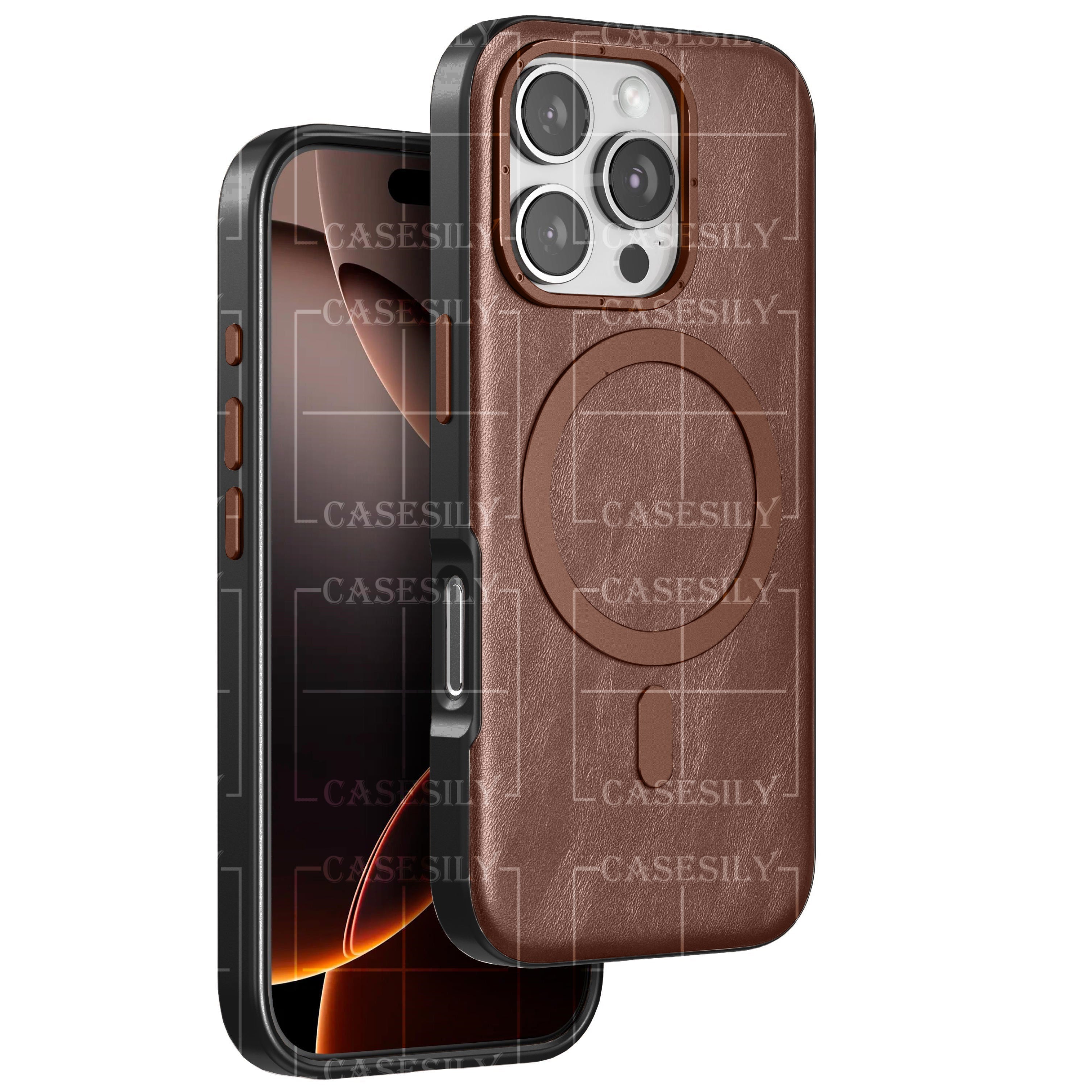 iPhone 16 Pro Max Classic Business Series Leather Case with Metal Magsafe Ring - Brown