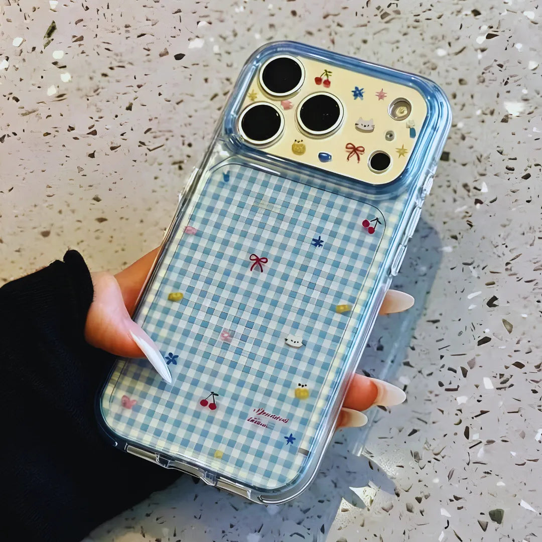 Cartoon Print Clear Case with Camera Protection, Blue, blue gingham print with cherries