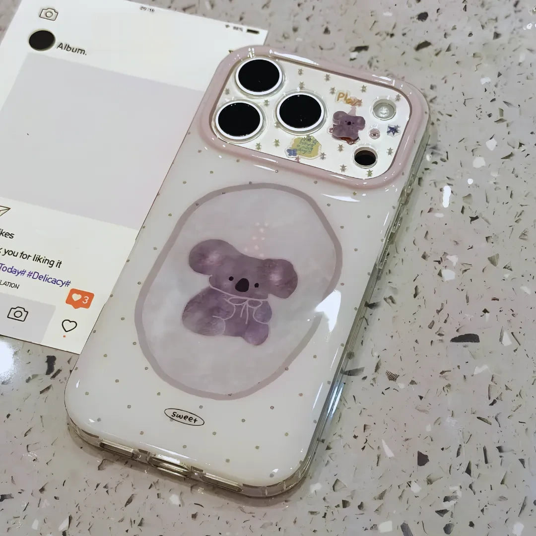 Cartoon Print Clear Case with Camera Protection, Purple, koala print