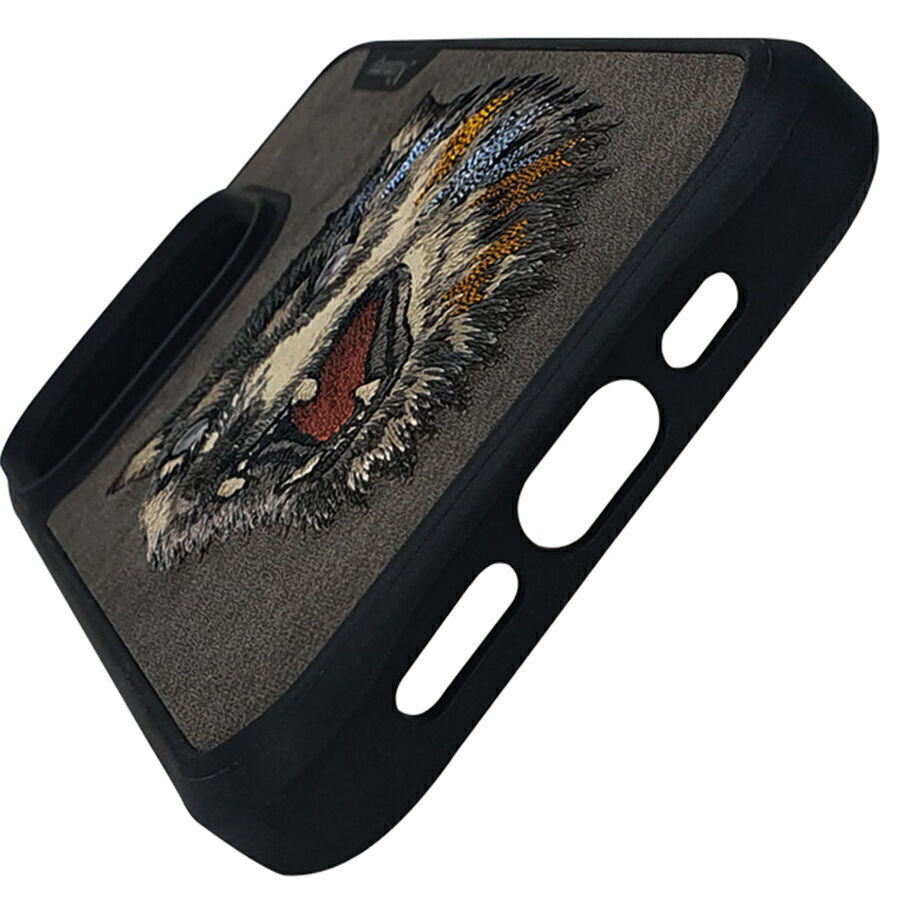 Nimmy Embroidery for iPhone 14 TPU+PU Leather Shockproof Dazzling Series-Wolf