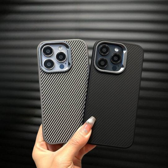 iPhone 15 Plus Shock Absorb Aramid Carban Pattern Slim Soft Case - Black / Grey